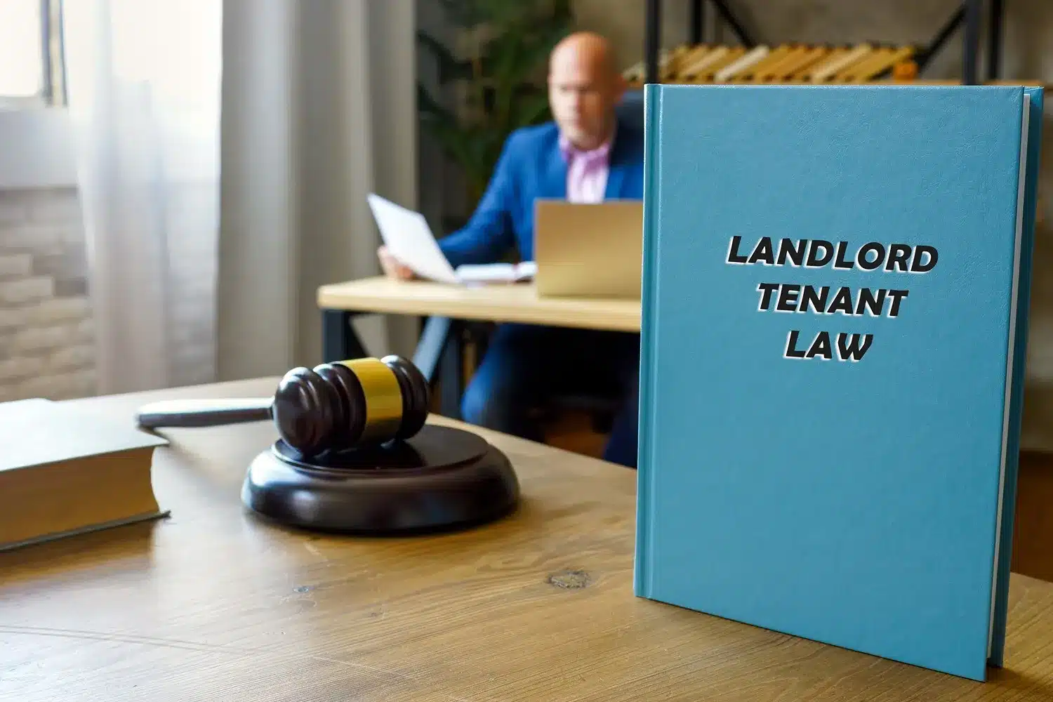 Lawyer sitting at desk with Landlord and tenant law book.