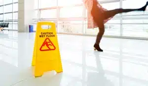 Person slipping on a wet floor.