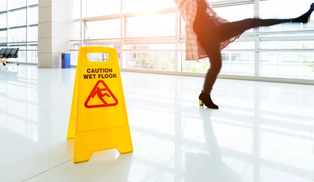 A woman walking by a slip and fall sign and slipping.