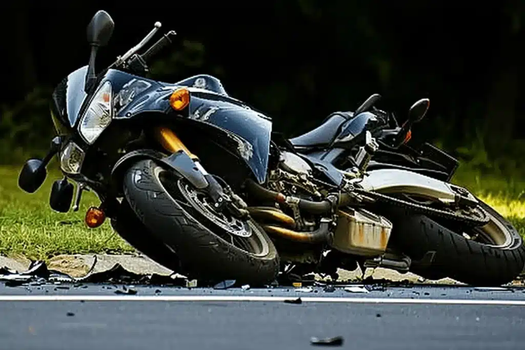 Crashed motorcycle on side of road.